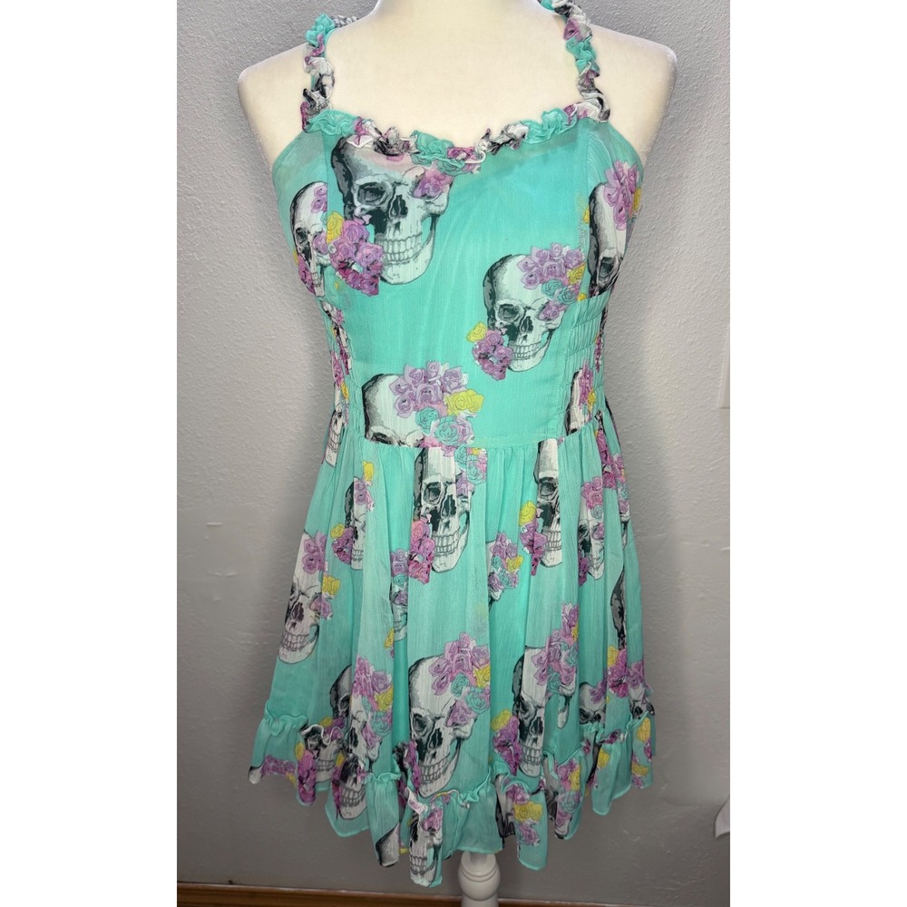 Royal Bones Teal Skull Floral Chiffon Ruffle Smocked Mini Dress Women Small